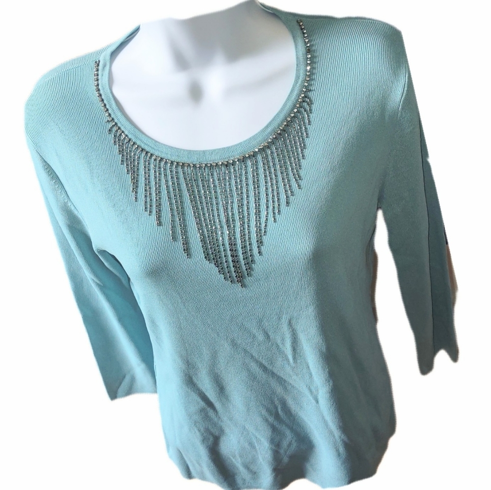 $8.00 w/Purchase  Aqua Sweater w/Neckline Streaming Beaded Crystals